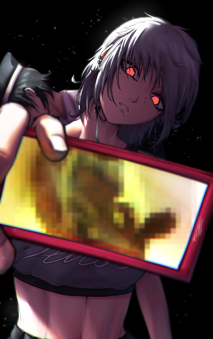 1boy 1girl absurdres black_hair black_hat censored chainsaw_man cheerleader earrings fami_(chainsaw_man) grey_hair hat higashiyama_nobana highres holding holding_phone jewelry mole mole_under_eye mole_under_mouth mosaic_censoring phone poop red_eyes ringed_eyes teeth tettora