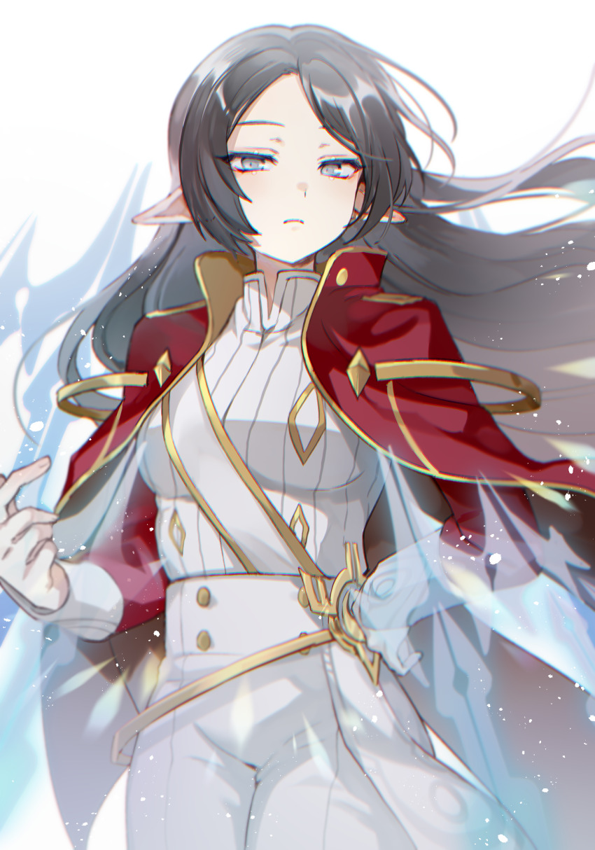1girl adele_(maplestory) black_hair cloak closed_mouth grey_eyes highres leafwow long_hair long_sleeves looking_at_viewer maplestory pants parted_bangs pointy_ears red_cloak shirt simple_background sleeves_past_wrists solo very_long_hair white_background white_pants white_shirt