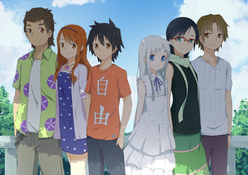 10s 3boys 3girls 53c_(ray_cordova) alternate_hairstyle anjou_naruko ano_hi_mita_hana_no_namae_wo_bokutachi_wa_mada_shiranai. aqua_eyes blue_eyes brown_hair casual cloud day dress hands_in_pockets highres hisakawa_tetsudou honma_meiko long_hair looking_at_viewer matsuyuki_atsumu multiple_boys multiple_girls polka_dot ray-en rei-en short_hair silver_hair sky tsurumi_chiriko yadomi_jinta