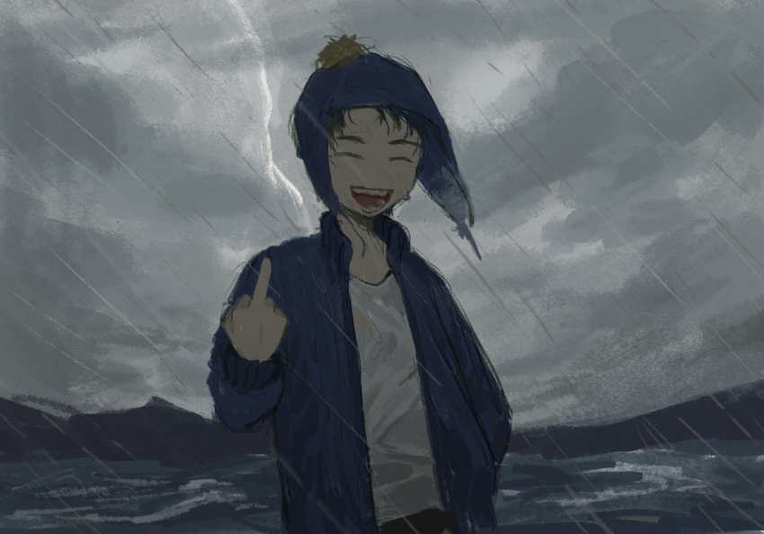 1boy black_hair blue_hat chullo closed_eyes craig_tucker facing_viewer happy hat jacket kaixinchafang laughing male_focus middle_finger ocean rain south_park storm