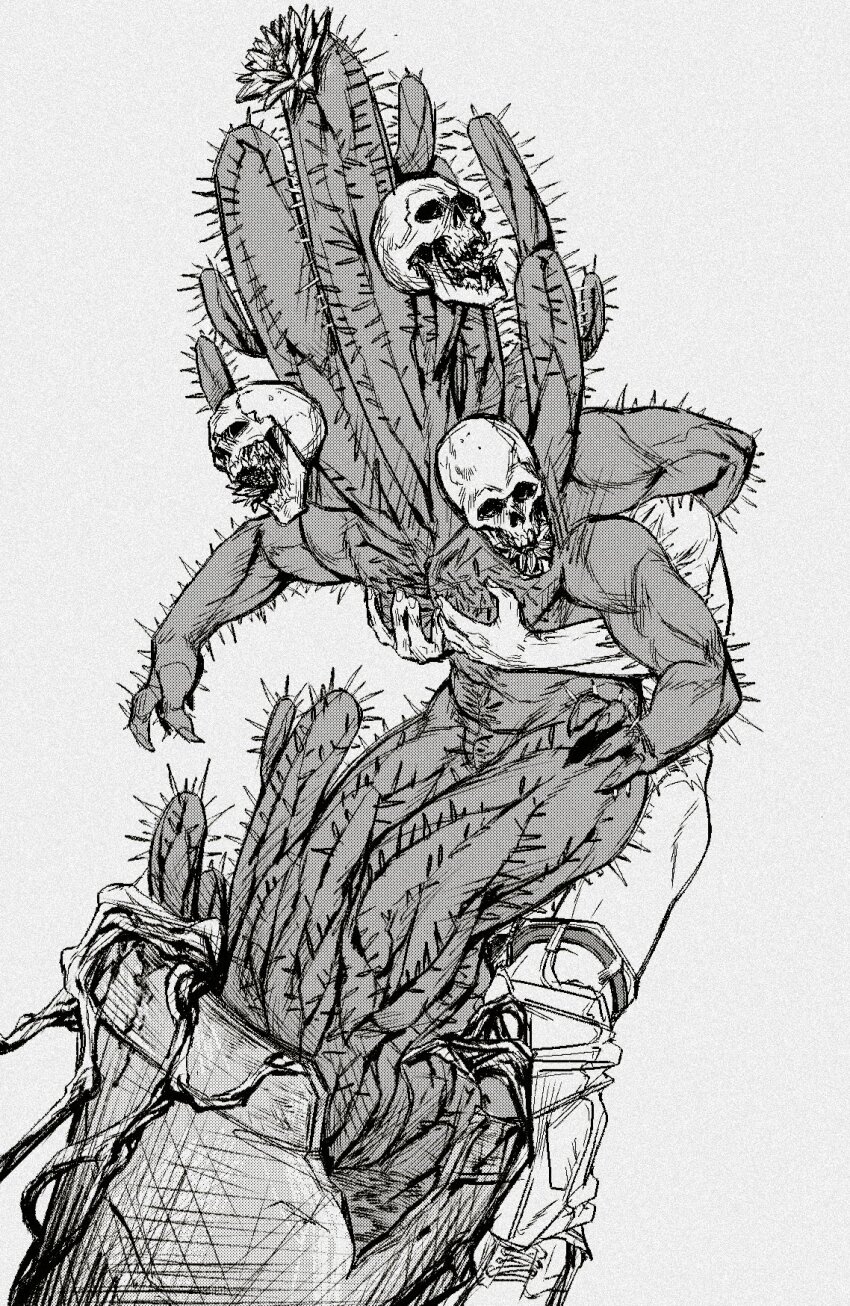 2boys abs anal arm_hair bara cactus_boy chest_hair cloaca completely_nude feet_out_of_frame from_side grabbing_from_behind hairy highres interspecies large_pectorals leg_hair male_focus male_penetrated monster_boy multiple_boys multiple_heads muscular muscular_male navel_hair nude original pectoral_grab pectorals plant plant_boy potted_plant sex skull skull_on_head smokerichi solo_focus spikes yaoi