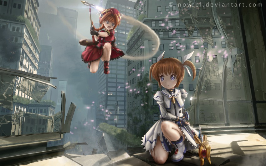 2girls absurdres ahoge bad_deviantart_id bad_id battle blue_eyes braid brown_hair fighting fingerless_gloves gloves graf_eisen hammer hat highres jacket long_hair lyrical_nanoha magazine_(weapon) magical_girl mahou_shoujo_lyrical_nanoha mahou_shoujo_lyrical_nanoha_a&#039;s mahou_shoujo_lyrical_nanoha_the_movie_2nd_a&#039;s multiple_girls novcel open_clothes open_jacket orange_hair purple_eyes raising_heart raising_heart_(device_mode)_(1st) red_hair rocket_engine ruins takamachi_nanoha takamachi_nanoha_(movie_1st_mode) torn_clothes twin_braids twintails vita_(nanoha) watermark web_address
