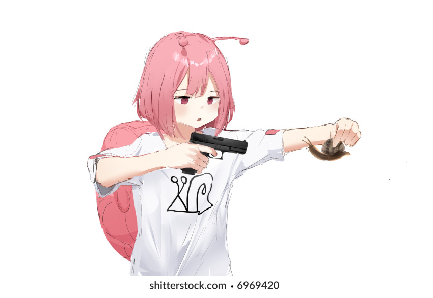 1girl animal antennae brand_name_imitation commentary cropped_torso english_commentary glock gun handgun hands_up highres holding holding_animal holding_gun holding_weapon looking_at_animal parted_lips peri_(p3riperi) photo-referenced pink_hair red_eyes shirt short_hair short_sleeves shutterstock simple_background snail snail&#039;s_house snail_girl snail_shell snailchan solo t-shirt weapon white_background white_shirt