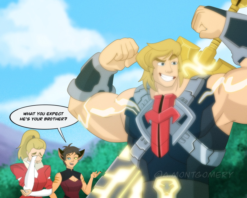 adora_(she-ra) animal_ears blue_eyes cat_ears cat_girl catra catra_(princesses_of_power) claws cleavage_cutout clothing_cutout couple fingernails he-man heterochromia highres masters_of_the_universe masters_of_the_universe_2021 muscular muscular_male ponytail sharp_fingernails she-ra_and_the_princesses_of_power siblings tiger_stripes twins