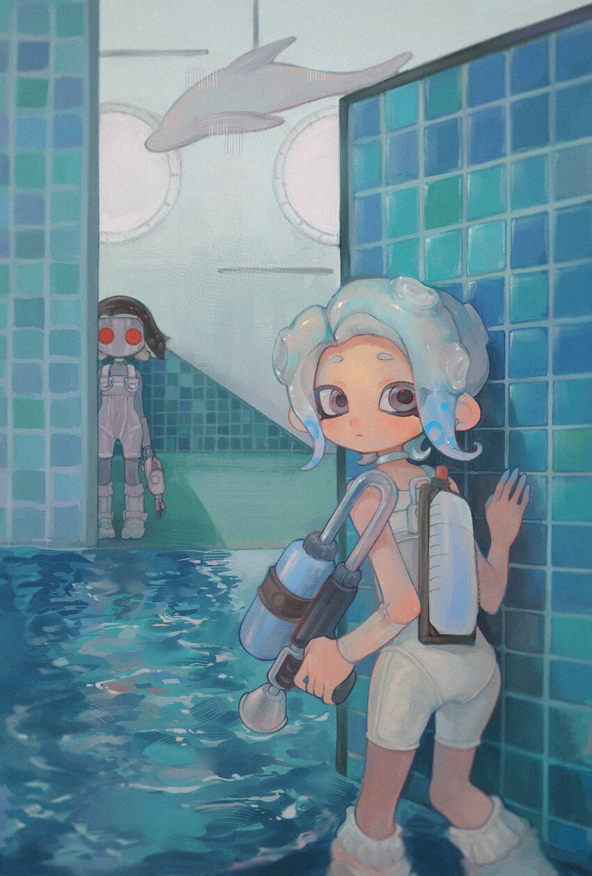 2girls :&lt; agent_8_(splatoon) arm_at_side bare_shoulders black_hair blue_hair bodysuit boots choker closed_mouth colored_skin commentary detached_sleeves film_grain from_behind grey_eyes grey_hair grey_skin gun hand_on_wall highres holding holding_gun holding_weapon in_water ink_tank_(splatoon) jelleton kneehighs liang_cun_rakuna long_hair looking_at_viewer looking_back mask medium_hair multicolored_hair multiple_girls nintendo octoling octoling_girl octoling_player_character octo_shot_(splatoon) order_shot_(splatoon) parallel_canon_(splatoon) pointy_ears red_eyes see-through_clothes see-through_sleeves single_detached_sleeve sleeveless sleeveless_bodysuit socks splatoon_(series) splatoon_3 splatoon_3:_side_order suction_cups symbol-only_commentary tentacle_hair two-tone_hair wading weapon white_bodysuit white_choker white_footwear white_socks