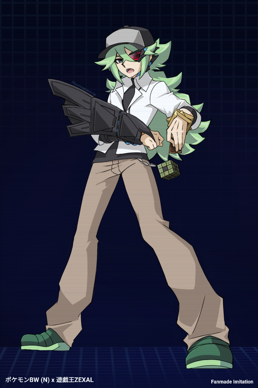 1boy black-framed_eyewear black_hat black_shirt blue_background bracelet card clenched_hand crossover double-parted_bangs dress_shirt duel_disk facing_to_the_side gold_bracelet green_shoes grey_eyes hat highres holding holding_card jewelry khaki_pants long_bangs looking_to_the_side male_focus n_(pokemon) nintendo nuumigranate open_mouth outstretched_arm parody partially_unbuttoned pokemon pokemon_bw pokemon_bw2 ponytail red-tinted_eyewear rubik&#039;s_cube shirt shirt_under_shirt shoes style_parody tinted_eyewear unbuttoned unbuttoned_shirt untucked_shirt wallet_chain white_shirt yu-gi-oh! yu-gi-oh!_zexal