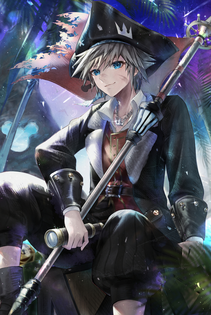 1boy black_hat black_jacket black_pants blue_eyes blue_sky box closed_mouth commentary_request flag hat highres holding jacket jewelry kingdom_hearts kingdom_hearts_iii looking_at_viewer male_focus necklace official_alternate_costume open_clothes open_jacket outdoors palm_tree pants pepo_(oopepoo) pirate_costume pirate_hat pointy_hair polearm red_flag red_shirt shirt sitting sky solo sora_(kingdom_hearts) spyglass torn_flag tree weapon wooden_box