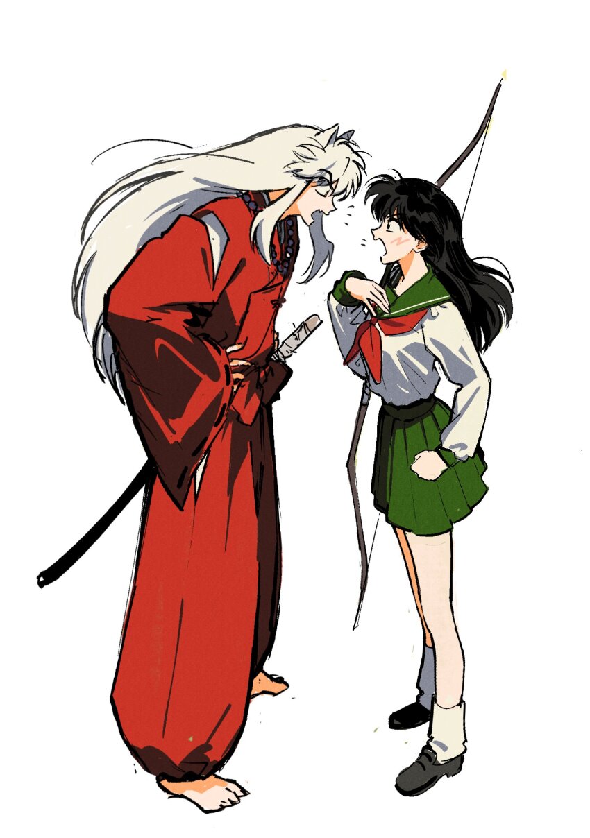 1boy 1girl ban_(bango) barefoot black_hair bow_(weapon) breasts clenched_hand full_body green_sailor_collar green_skirt hair_between_eyes hakama hand_on_own_chest highres higurashi_kagome inuyasha inuyasha_(character) japanese_clothes katana loafers long_hair medium_breasts neckerchief open_mouth red_hakama red_neckerchief red_shirt sailor_collar school_uniform shirt shoes shouting sidelocks skirt socks standing sword weapon white_background white_hair white_shirt white_socks