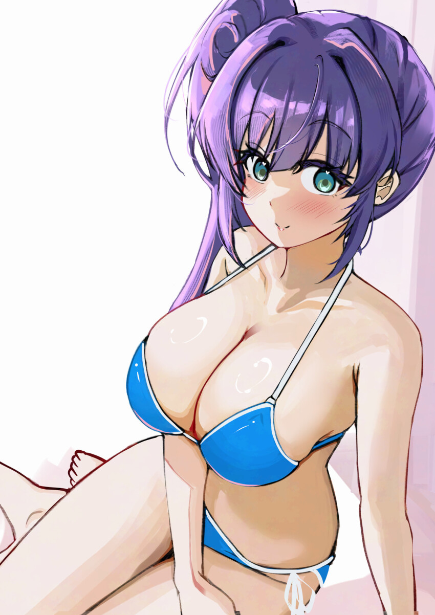1girl aqua_eyes bare_arms bikini blue_bikini blush breasts cleavage closed_mouth collarbone commentary_request highres large_breasts link!_like!_love_live! long_hair looking_at_viewer love_live! otomune_kozue pisagi purple_hair sidelocks smile solo swimsuit toes
