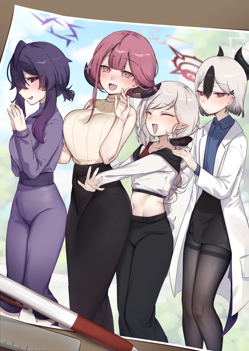 4girls absurdres alternate_costume alternate_hair_length alternate_hairstyle aru_(blue_archive) black_hair black_pants black_pantyhose black_skirt blue_archive blue_shirt blush closed_eyes cropped_shirt demon_girl demon_horns ear_piercing hair_behind_ear hair_between_eyes hands_on_another&#039;s_shoulders haruka_(blue_archive) highres horns jacket kayoko_(blue_archive) long_hair multicolored_hair multiple_girls mutsuki_(blue_archive) navel open_mouth own_hands_together pants pantyhose pencil_skirt piercing pointy_ears problem_solver_68_(blue_archive) purple_eyes purple_hair purple_pants purple_shirt red_eyes red_hair red_tank_top shirt short_hair sidelocks skirt stomach sweater tank_top turtleneck turtleneck_shirt turtleneck_sweater two-tone_hair white_hair white_jacket white_shirt xiao_jian yellow_eyes