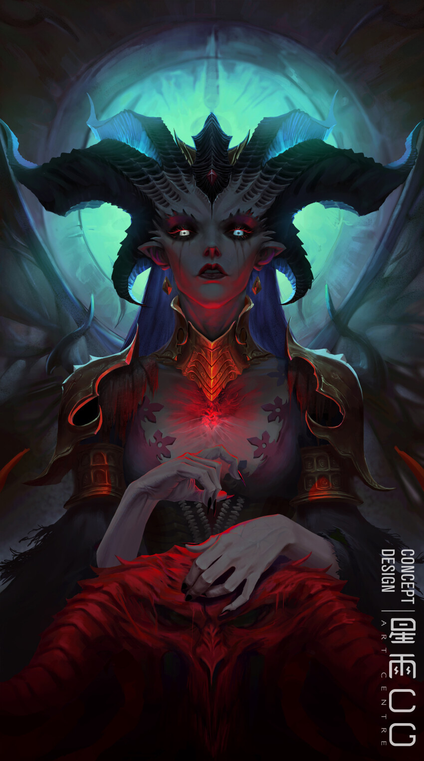 1girl absurdres black_dress black_lips breasts cape center_opening cleavage demon_girl demon_horns demon_wings diablo_(series) dress highres horns lilith_(diablo) long_hair looking_at_viewer medium_breasts pale_skin red_cape skull starlab wings