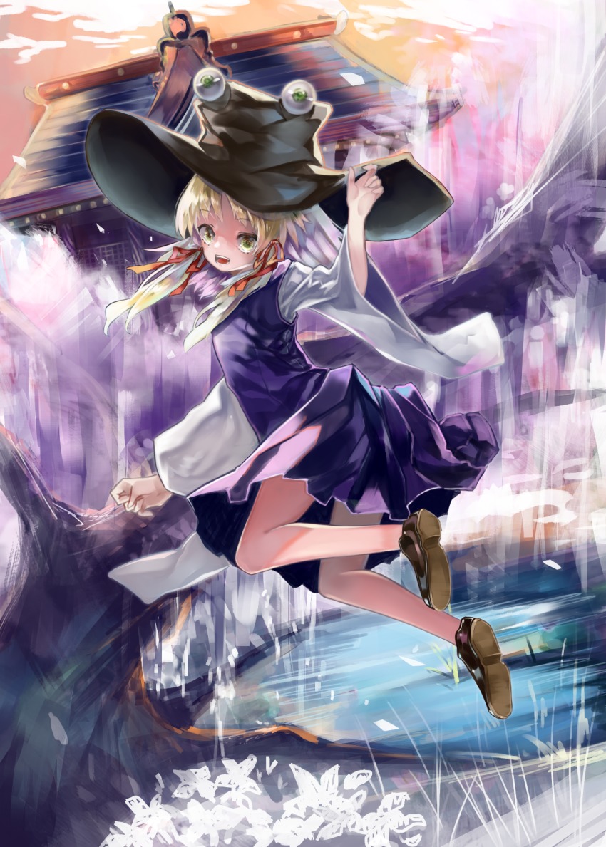 1girl abstract_background architecture blonde_hair blue_skirt blue_vest curled_fingers east_asian_architecture female_focus flower full_body gradient_sky green_eyes hair_ribbon hand_on_headwear hat highres jumping lake loafers long_sleeves looking_at_viewer moriya_suwako open_mouth outdoors ribbon shoes short_hair shrine sidelocks skirt sky solo syukou teeth touhou tree twilight vest wide_sleeves