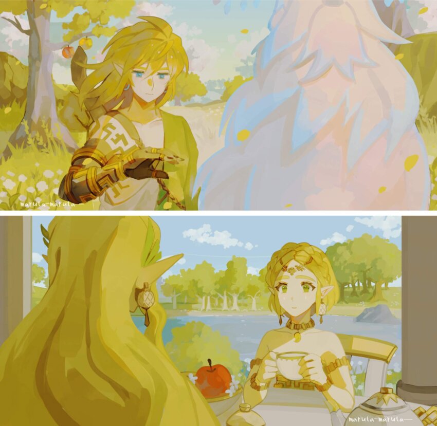 2boys 2girls apple apple_tree armlet artist_name bare_shoulders black_nails blonde_hair blue_eyes body_markings border bracelet braid circlet crown_braid cup dress earrings falling_petals food fruit green_eyes green_sash hair_between_eyes highres holding holding_cup jewelry link long_hair maruta_maruta multiple_boys multiple_girls nintendo parted_bangs parted_lips pendant_choker petals pointy_ears princess_zelda rauru_(tears_of_the_kingdom) apple sash short_hair sidelocks sonia_(zelda) strapless strapless_dress teacup teapot teardrop_facial_mark the_legend_of_zelda the_legend_of_zelda:_tears_of_the_kingdom tree upper_body wavy_hair white_border white_dress white_hair