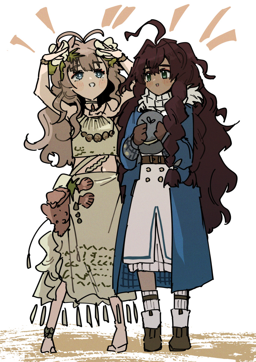 2girls ahoge ankle_boots arm_up barefoot blue_coat blue_eyes boots brown_boots brown_hair coat cosplay costume_switch dark-skinned_female dark_skin dress fatutu full_body grey_hat hands_up hat highres holding holding_unworn_clothes holding_unworn_hat legs_apart long_dress long_hair long_skirt looking_up marcus_(reverse:1999) midriff multiple_girls navel reverse:1999 scarf shell shirt skirt socks unworn_hat unworn_headwear wavy_hair white_background white_dress white_scarf white_shirt white_socks ziyunshanding