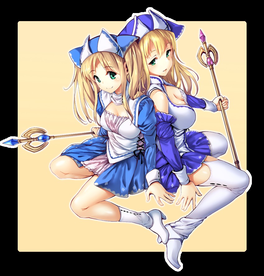 2girls back-to-back bad_id bad_pixiv_id blonde_hair boots border breasts camilla_(sennen_sensou_aigis) cleavage cofepig full_body green_eyes high_heel_boots high_heels iiris_(sennen_sensou_aigis) large_breasts long_hair long_sleeves medium_breasts multiple_girls sennen_sensou_aigis sidelocks simple_background staff thighhighs twintails white_legwear yellow_background
