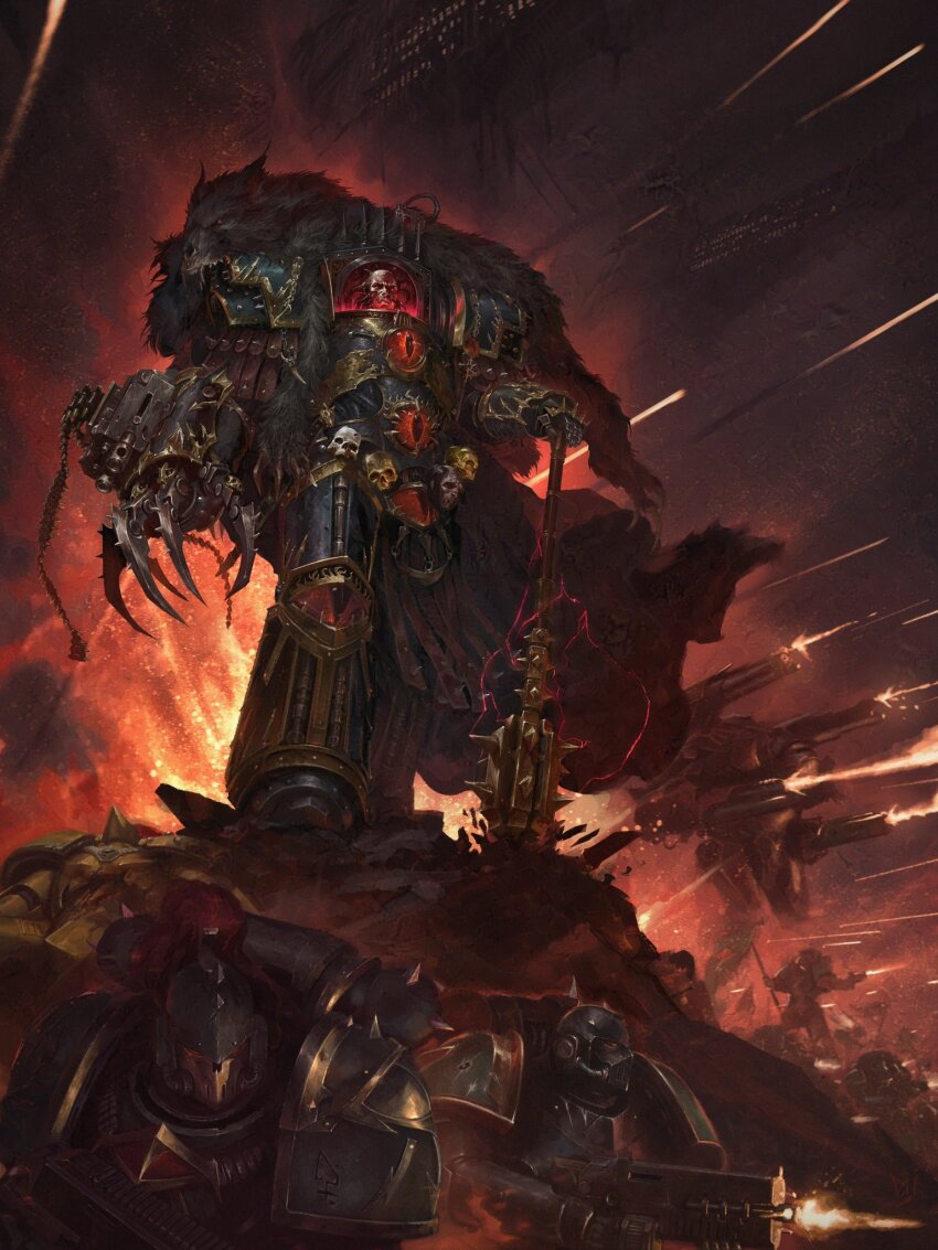 alvarojh_art armor armored_boots bald black_armor black_legion bolter boots breastplate chaos_(warhammer) clawed_gauntlets collegia_titanica commentary english_commentary eyes_of_horus_(warhammer_40k) full_armor gauntlets glowing gold_trim greaves heavy_bolter highres holding holding_bolter holding_mace holding_weapon horus_lupercal mace multiple_boys ornate_armor pauldrons pelt power_armor primarch red_eyes shoulder_armor skull skull_ornament spacecraft spiked_mace spikes storm_bolter terminator_armor titan_(warhammer_40k) warhammer_40k weapon