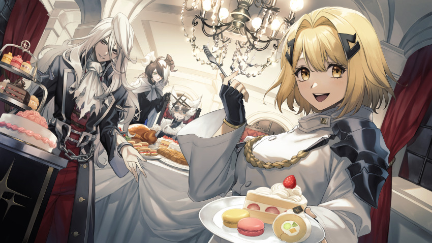 1boy 3girls absurdres ahoge alchemy_stars animal_ears ascot black_coat black_gloves black_hair blonde_hair blue_eyes cake cake_slice cat_ears chandelier charon_(alchemy_stars) coat dragon_horns dutch_angle fingerless_gloves food fork gloves green_eyes hair_intakes hair_ornament hair_over_one_eye hairclip hat highres holding holding_fork horns long_hair looking_at_viewer macaron multicolored_hair multiple_girls open_mouth peaked_cap philyshy_(alchemy_stars) rosa_(hoshino) sharona_(alchemy_stars) short_hair smile two-tone_hair vice_(alchemy_stars) white_ascot white_hair white_headwear yellow_eyes