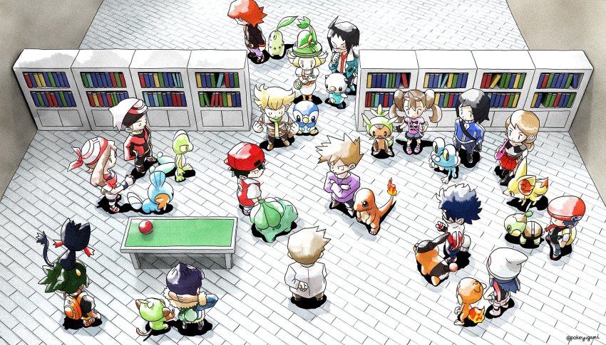 5girls 6+boys ahoge arms_behind_head backpack backwards_hat bag bandana barry_(pokemon) beanie beret bianca_(pokemon) bike_shorts black_jacket black_shirt blonde_hair blue_jacket blue_oak book bookshelf boots brendan_(pokemon) brick_floor brown_hair bulbasaur calem_(pokemon) charmander cheren_(pokemon) chespin chikorita chimchar clenched_hands commentary_request crossed_arms dawn_(pokemon) fennekin froakie from_above gen_1_pokemon gen_2_pokemon gen_3_pokemon gen_4_pokemon gen_5_pokemon gen_6_pokemon gen_7_pokemon gen_8_pokemon gloves green_bag green_headwear grookey hand_on_own_chin hat hau_(pokemon) highres holding holding_poke_ball hop_(pokemon) hugh_(pokemon) indoors jacket lab_coat litten long_sleeves lucas_(pokemon) may_(pokemon) mudkip multiple_boys multiple_girls nintendo on_head orange_bag oshawott pants pink_boots piplup pleated_skirt poke_ball poke_ball_(basic) pokemon pokemon_(creature) pokemon_bw pokemon_bw2 pokemon_dppt pokemon_gsc pokemon_on_head pokemon_rgby pokemon_rse pokemon_sm pokemon_swsh pokemon_xy pokeyugami purple_hair purple_pants purple_shirt red_(pokemon) red_bandana red_headwear red_shirt red_skirt retro_artstyle professor_oak scarf serena_(pokemon) shauna_(pokemon) shirt shoes short_hair short_sleeves silver_(pokemon) skirt snivy spiked_hair standing stroking_own_chin table tepig treecko turtwig twintails twitter_username white_headwear white_skirt