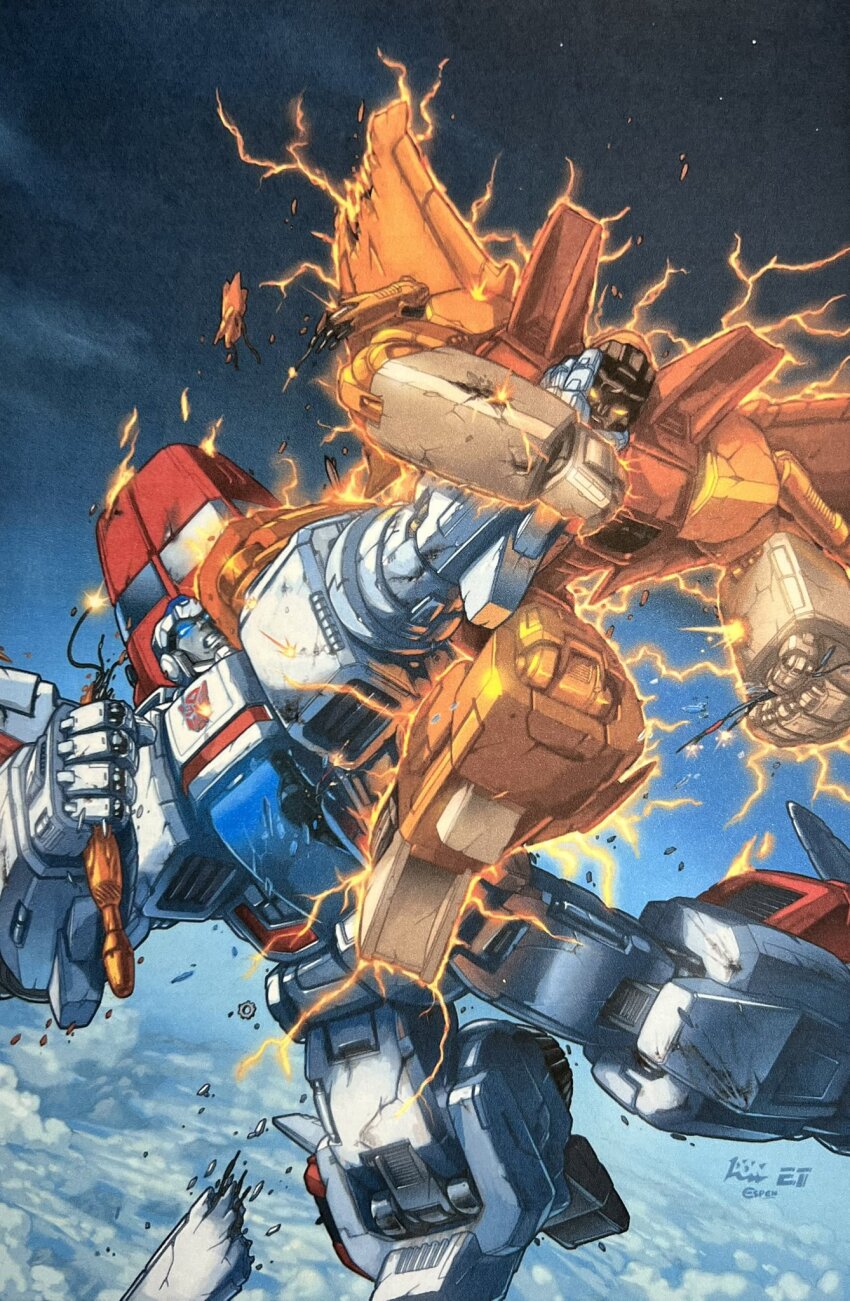 artist_collaboration autobot battle_damage blue_eyes cable canopy_(aircraft) clenched_hands clenched_teeth comic_cover cover_image damaged decepticon don_allan_figueroa elaine_to espen_grundetjern fighting gears glowing glowing_eye glowing_eyes highres insignia jetfire mecha no_humans official_art orange_eyes robot signature sky space star_(sky) sunstorm_(transformers) teeth transformers transformers:_generation_1