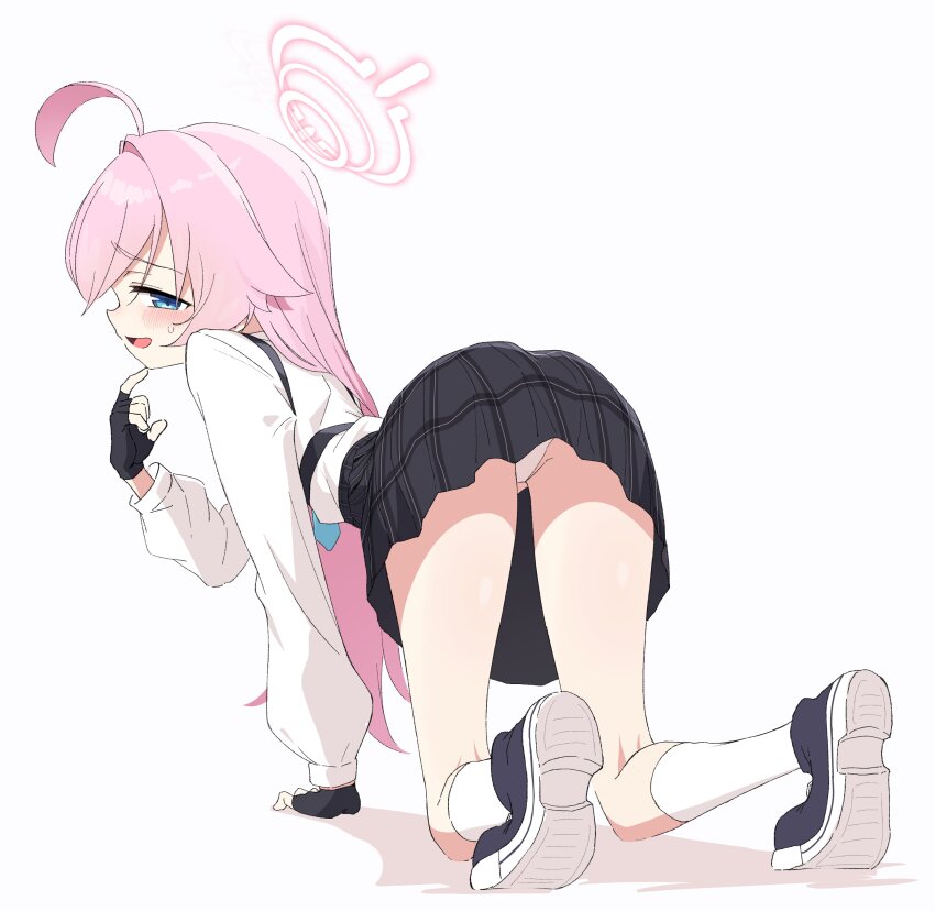 absurdres ahoge aqua_necktie ass bare_legs bent_over black_gloves black_skirt blue_archive blue_eyes blue_necktie blush chest_harness chest_strap fingerless_gloves from_behind gloves half-closed_eyes halo hand_support hand_up harness heterochromia highres hoshino_(blue_archive) huge_ahoge kandori kneepits loli long_hair long_sleeves looking_at_viewer looking_back miniskirt necktie open_mouth panties pink_hair pink_halo plaid_clothes plaid_skirt pleated_skirt shirt shirt_tucked_in simple_background skirt smile socks soles solo sweatdrop thighs underwear very_long_hair white_background white_panties white_shirt white_socks yellow_eyes
