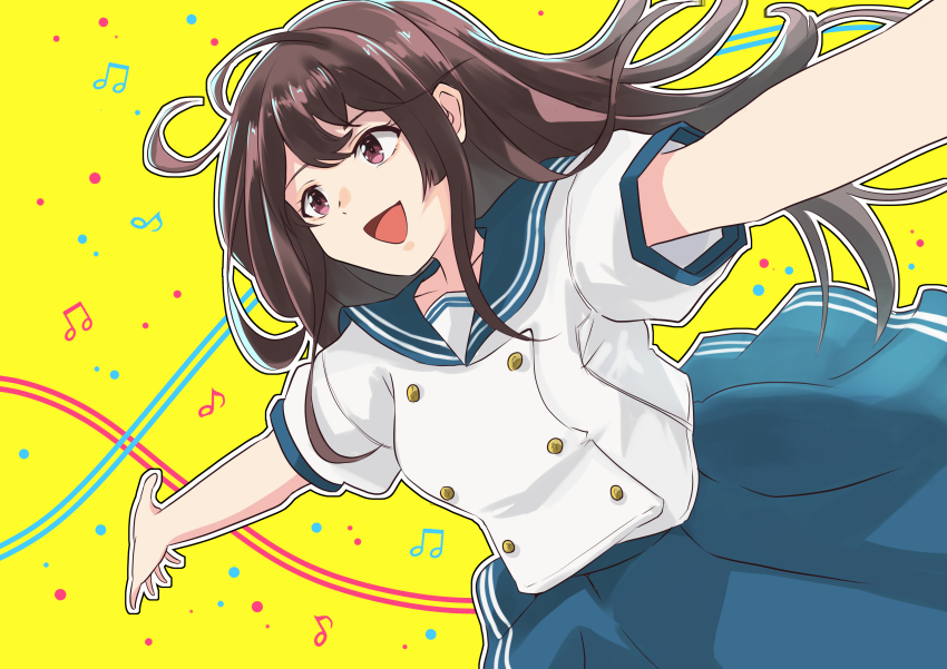 1girl absurdres ai_no_utagoe_wo_kikasete blue_skirt brown_hair cycloneactionx highres long_hair open_mouth school_uniform ashimori_shion shirt simple_background skirt white_shirt