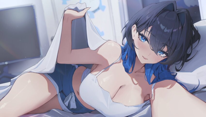 1girl :d absurdres bare_arms black_hair blue_eyes blue_hair blue_shorts breasts camisole cleavage colored_inner_hair commentary crop_top double-parted_bangs english_commentary hair_between_eyes hair_intakes highres hololive hololive_english indoors large_breasts long_hair looking_at_viewer lying midriff multicolored_hair navel on_side open_mouth ouro_kronii reaching reaching_towards_viewer short_shorts shorts smile solo teeth under_covers upper_teeth_only virtual_youtuber white_camisole wolf_cut yoellim5