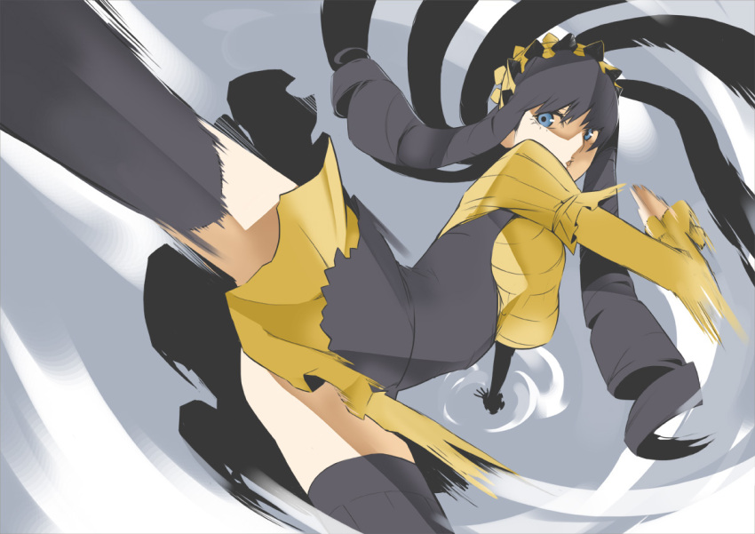 1girl air_current apron black_apron black_hair black_thighhighs blue_eyes breasts commentary_request dress feet_out_of_frame frilled_hairband frills gajuumaru gluteal_fold grey_background hairband high_kick kicking kumokawa_maria large_breasts long_hair long_sleeves maid maid_apron maid_headdress motion_blur motion_lines parted_lips perspective ringlets short_dress sidelocks solo thighhighs toaru_majutsu_no_index toaru_majutsu_no_index:_new_testament very_long_hair visible_air yellow_dress yellow_hairband yellow_headwear zettai_ryouiki