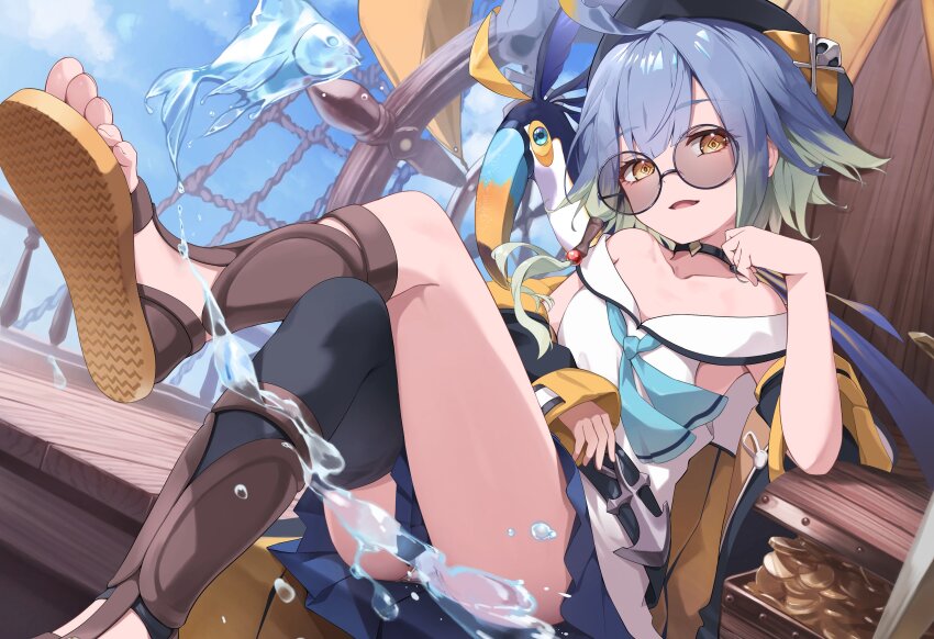 1girl absurdres ahoge animal animal_on_arm animal_on_shoulder ass barbaros_(shadowverse) bird bird_on_arm bird_on_shoulder black_choker blue_hair blue_sky choker collarbone day glasses hair_ornament highres ichien_ekaki jacket looking_at_viewer magic multicolored_hair off_shoulder open_mouth outdoors pirate pirate_ship pleated_skirt round_eyewear sandals shadowverse shirt short_hair single_bare_leg sitting skirt sky smile solo symbol-shaped_pupils tinted_eyewear toes toucan treasure_chest water yellow_eyes