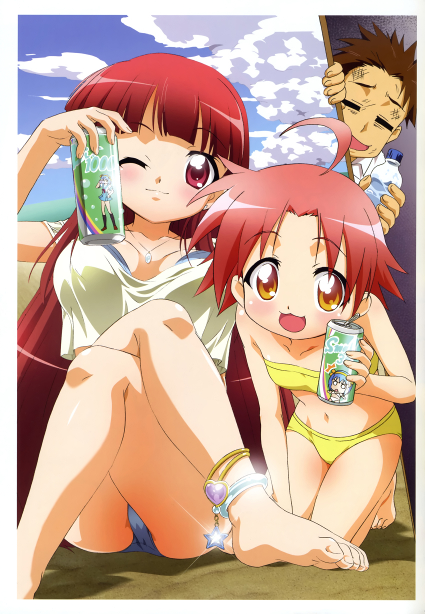 00s 1boy 2girls :3 :d absurdres ahoge anklet barefoot bikini blush bruise can child crop_top crop_top_overhang crossed_legs artistic_error feet gotou_yuuko gotouza gottouza highres injury jewelry kawarajima_kou kneeling kogami_akira long_hair lucky_star makaizou multiple_girls navel necklace official_art old one_eye_closed open_mouth orange_eyes pink_hair red_eyes red_hair scan shiraishi_minoru short_hair sitting smile strapless suzumiya_haruhi suzumiya_haruhi_no_yuuutsu swimsuit toes tube_top wink wrong_foot yellow_bikini