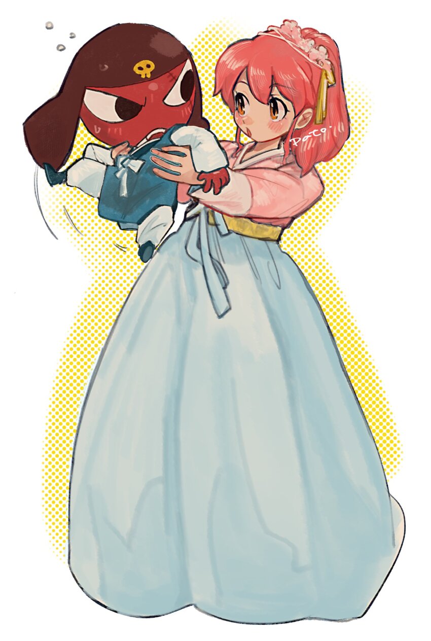 1boy 1girl alternate_costume blush brown_eyes flower giroro hair_flower hair_ornament hanbok highres hinata_natsumi ice_nomu keroro_gunsou korean_clothes long_hair long_sleeves open_mouth pink_flower red_hair signature skirt white_skirt