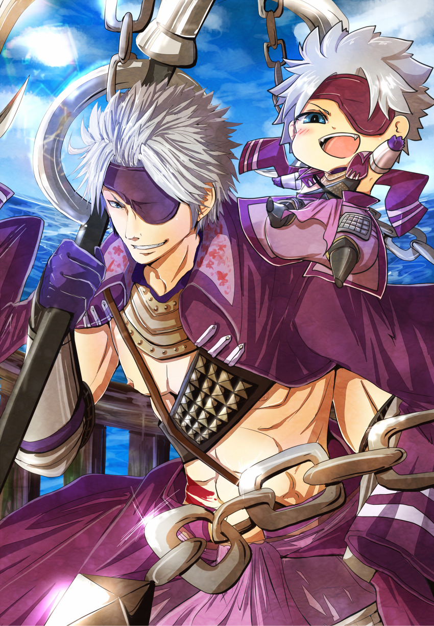 2boys :d abs absurdres anchor arm_up blue_eyes blush chibi chousokabe_motochika_(sengoku_basara) cloud cloudy_sky dual_persona eyepatch fangs gloves grey_hair grin hand_in_pocket highres holding holding_anchor jacket jacket_on_shoulders looking_at_viewer male_focus muchiwo multiple_boys nipples ocean open_mouth purple_gloves purple_jacket sengoku_basara short_hair sky smile toned toned_male