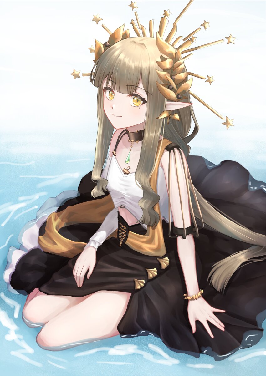 1girl absurdres ambience_synesthesia arknights asymmetrical_shirt asymmetrical_sleeves black_choker black_skirt blonde_hair blush bracelet choker crop_top dot_nose elf full_body gem gold_bracelet green_gemstone hair_intakes highres in_water jewelry laurel_crown laurels long_hair long_skirt looking_at_viewer midriff mole mole_under_eye muelsyse_(arknights) muelsyse_(golden_reverie)_(arknights) necklace off-shoulder_shirt off_shoulder official_alternate_costume owanwan_1205 pointy_ears shirt single_sleeve sitting skirt smile solo spaghetti_strap star_(symbol) uneven_sleeves wading water white_shirt yellow_eyes yokozuwari