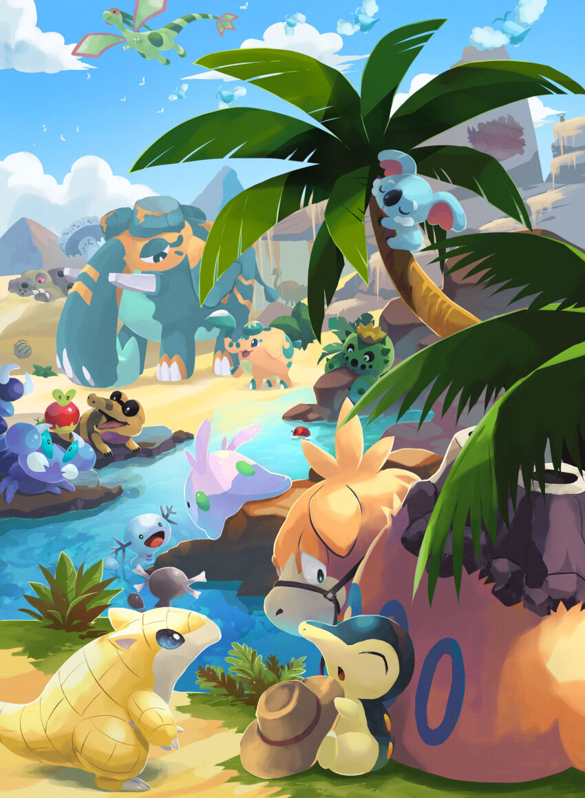absurdres apple applin bridle cacnea camerupt cloud commentary_request copperajah cowboy_hat creatures_(company) cufant cyndaquil day flygon flying food fruit game_freak gen_1_pokemon gen_2_pokemon gen_3_pokemon gen_4_pokemon gen_5_pokemon gen_6_pokemon gen_7_pokemon gen_8_pokemon gimmighoul gimmighoul_(roaming) goomy grass hat highres hippowdon hippowdon_(male) klawf komala nintendo no_humans outdoors paldean_wooper pokemon pokemon_(creature) rock sandile sandshrew sitting skorupi sky sleeping standing swablu toneko tree water wooper