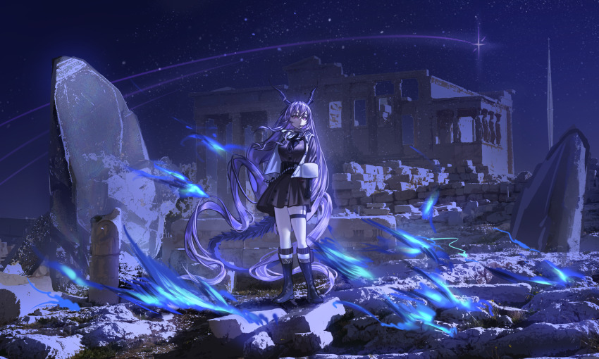 1girl absurdly_long_hair absurdres arknights black_boots black_dress boots building chinese_commentary commentary dress energy english_commentary full_body highres horns knee_boots long_hair looking_afar mixed-language_commentary night official_alternate_costume outdoors parthenon pink_eyes pleated_dress purple_hair purple_horns rock ruins shale shooting_star sky solo standing star_(sky) star_trail starry_sky thigh_strap typhon_(arknights) typhon_(northern_pathfinder)_(arknights) very_long_hair wind