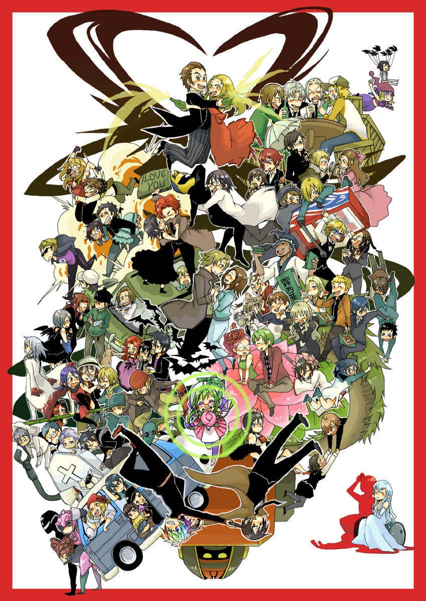 00s 6+boys 6+girls amagiri_yakumo annotated baccano! bat_wings black_hair blonde_hair blood blue_hair blue_knit blush bodysuit border brown_eyes brown_hair carol carol_(baccano) celty_sturluson chane_laforet character_request charlotte_liverpool charon_walken christopher_shouldered claire_stanfield claudia_walken coat creator_connection crossover cuffs czeslaw_meyer dorothy_nibas doubs_hughley dress durarara!! ei_li_fan ei_li_lei ei_yi_li elmer_albatross ennis etsusa_bridge etsusa_oohashi eve_genoard everyone closed_eyes ferret_von_balstein firo_prochainezo formal_clothes gerhard_von_balstein ginjima_summer glasses gloves graham_specter green_hair grey_(sekai_no_chuushin_hariyama-san) gun hariyama-san hashim_(durarara!!) hat heiwajima_kasuka heiwajima_shizuo helmet highres hilda_dietrich huey_laforet inui_hayato isaac_dian ishibashi_aiji jacuzzi_splot kadota_kyouhei kaguya kaguya_(ookami) karisawa_erika kaztano kelly_yatsufusa kida_masaomi kirino_yua kishitani_shingen kishitani_shinra kugi_seiichi kuzuhara_souji lab_coat ladd_russo long_hair mashiro_(sekai_no_chuushin_hariyama-san) michael_dietrich miria_harvent multiple_boys multiple_crossover multiple_girls necktie nejiro_kanata nice_holystone no.37564 orihara_izaya panda pilier_mistwalker pointy_ears red_border red_hair red_knit rein_(sekai_no_chuushin_hariyama-san) relic_von_balstein rokujou_chikage romy_mars ryuugamine_mikado sahara_jun scarf school_uniform sekai_no_chuushin_hariyama-san selim_verges shaft_(baccano) sharon_walken sherlock_liverpool short_hair shovel silk_sickle_(no.13871) simon_brezhnev sitting smile sonohara_anri suit sunglasses tanaka_tom theodosius_m_balstein togusa_saburou tokihira_yuuki tsukumoya_hajime valdred_ivonhoe vamp! vodd_staluf vorona watt_stalf weapon white_background wings worktool yasojima_misaki yellow_bridgestone yellow_eyes yukimura_nazuna yumasaki_walker