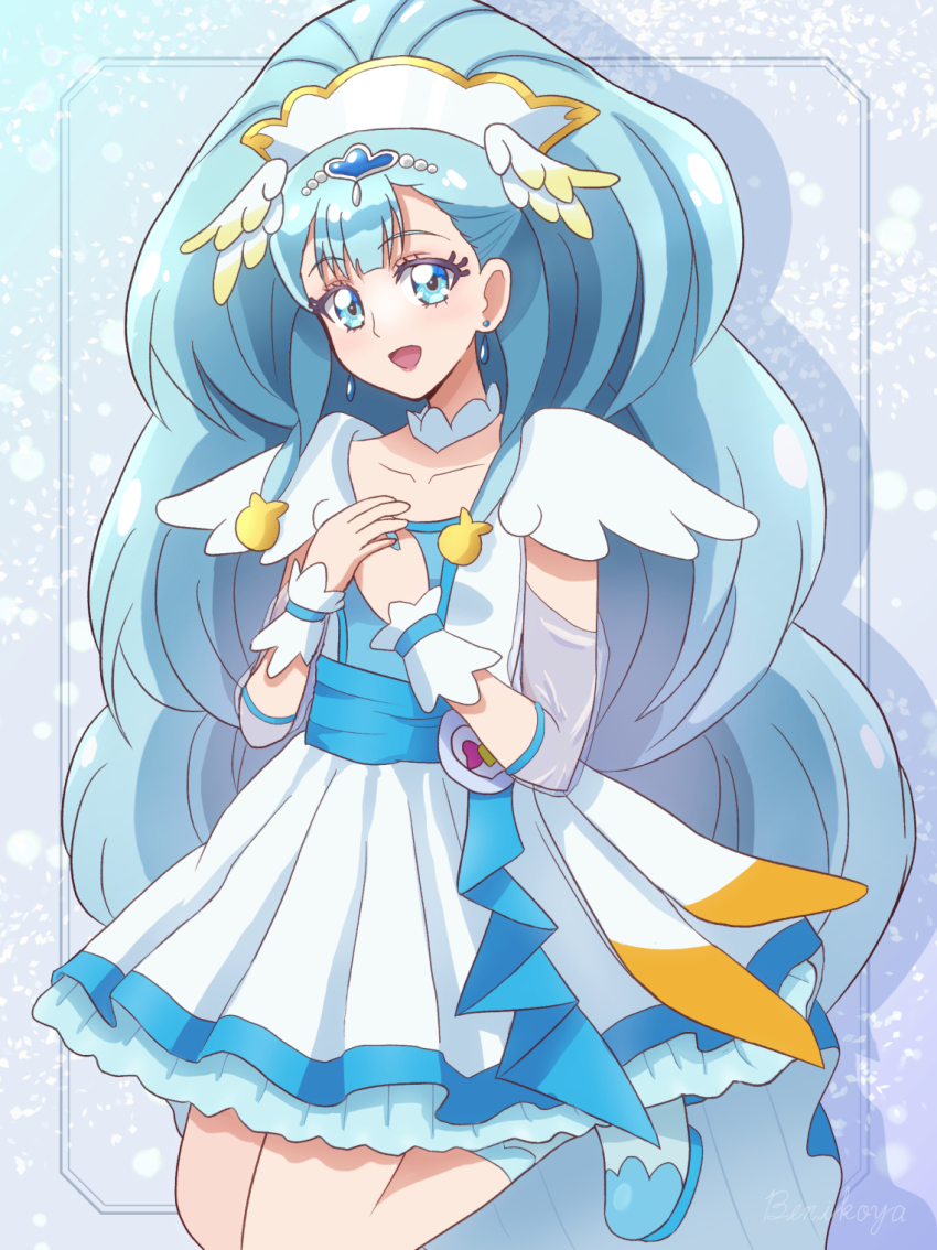 1girl benikoya blue_background blue_eyes blue_hair blue_wrist_cuffs blush breasts cowboy_shot crown cure_ange dress earrings gold_crown gradient_background hair_ornament heart_pouch highres hugtto!_precure jewelry lipstick long_hair looking_at_viewer magical_girl makeup open_mouth pointed_crown precure see-through_clothes see-through_sleeves smile solo thick_eyelashes very_long_hair wrist_cuffs yakushiji_saaya