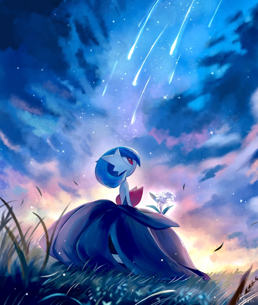 alternate_color black_dress black_gloves black_skirt blade_of_grass blue_hair blue_sky bob_cut colored_skin dress elbow_gloves flower from_side gardevoir gen_3_pokemon gloves highres holding holding_flower looking_up mega_gardevoir mega_pokemon nintendo no_mouth on_grass pokemon pokemon_(creature) profile red_eyes rongai28 shiny_pokemon shooting_star short_hair skirt sky star_(sky) starry_sky strapless strapless_dress sunset white_skin