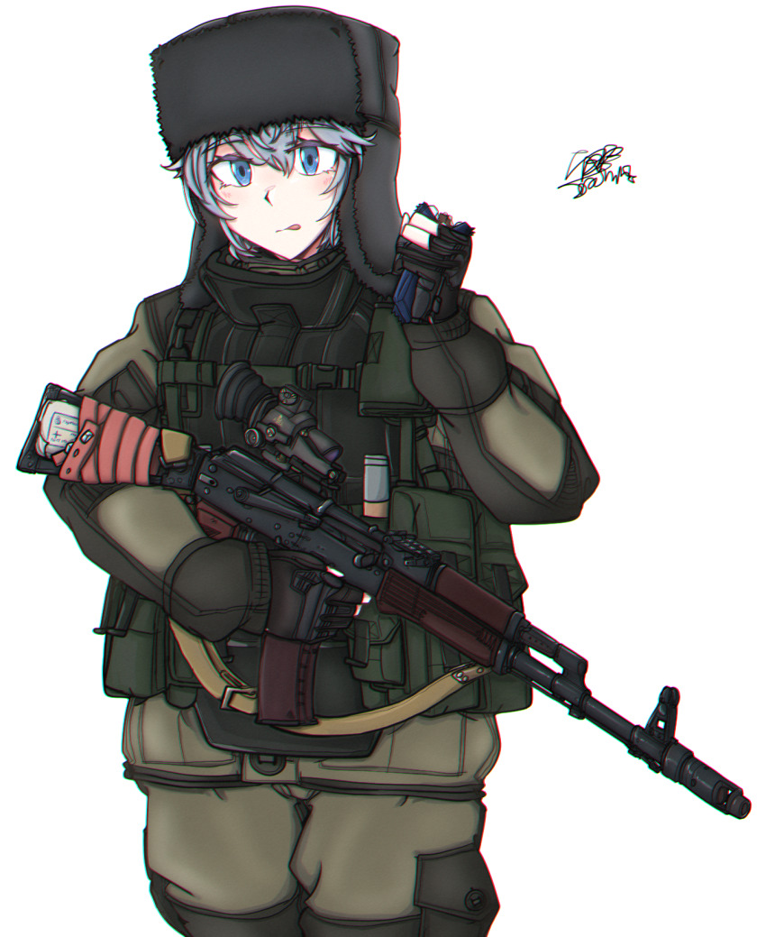 1girl ak-74 aks-74 ammunition_pouch androgynous assault_rifle black_gloves black_jacket black_pants blue_eyes blue_hair body_armor brown_jacket brown_pants chest_harness commentary cowboy_shot folding_stock food fur_hat gloves grey_hat grey_jacket gun gun_sling hair_between_eyes harness hat highres holding holding_food holding_gun holding_weapon jacket kalashnikov_rifle load_bearing_equipment long_sleeves looking_at_viewer military_jacket mmmn540d88 multicolored_jacket muzzle_device optical_sight original pants partially_fingerless_gloves pocket pouch rifle short_hair signature simple_background solo squiggle tactical_clothes tongue tongue_out two-tone_jacket two-tone_pants ushanka weapon white_background