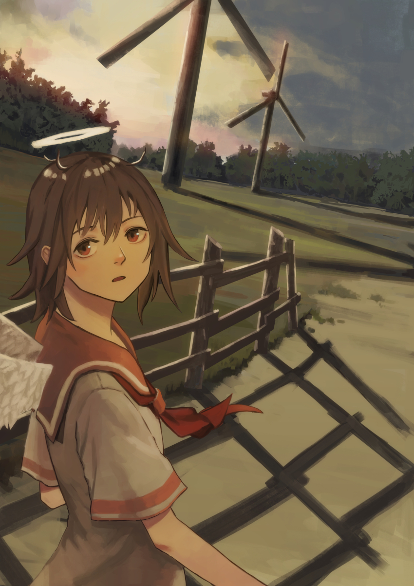 1girl absurdres angel_wings aquoo brown_eyes brown_hair commentary_request evening feathered_wings fence grass haibane_renmei halo highres looking_back messy_hair neckerchief orange_sailor_collar outdoors path rakka_(haibane) road sailor_collar scenery short_hair short_sleeves solo traditional_halo tree wind_turbine windmill wings