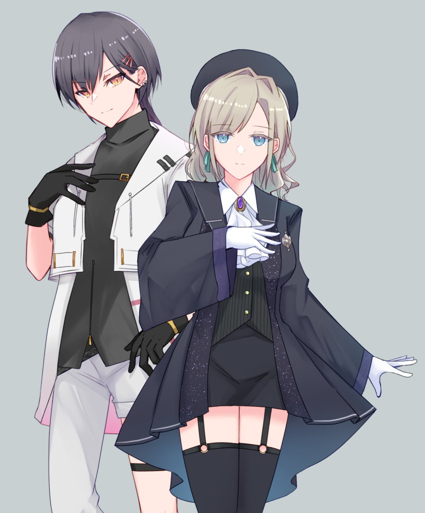 2girls alternate_costume ascot asymmetrical_pants beret black_coat black_gloves black_hat black_shirt black_skirt black_thighhighs black_vest blue_eyes blue_ribbon breasts ceras_yanagida_lilienfeld closed_mouth coat collared_shirt commentary cowboy_shot cropped_jacket dress_shirt garter_straps gloves grey_background grey_hair grey_pants hair_intakes hair_ornament hair_ribbon hairclip hat haz highres jacket katsuragi_izumi light_smile link!_like!_love_live! long_hair long_sleeves looking_at_viewer love_live! medium_breasts miniskirt multiple_girls o-ring_legwear_garter open_clothes open_coat open_jacket orange_eyes pants pencil_skirt ribbon shirt skirt slit_pupils split_mouth standing swept_bangs thigh_strap thighhighs turtleneck turtleneck_shirt vest white_ascot white_gloves white_jacket white_shirt wolf_cut
