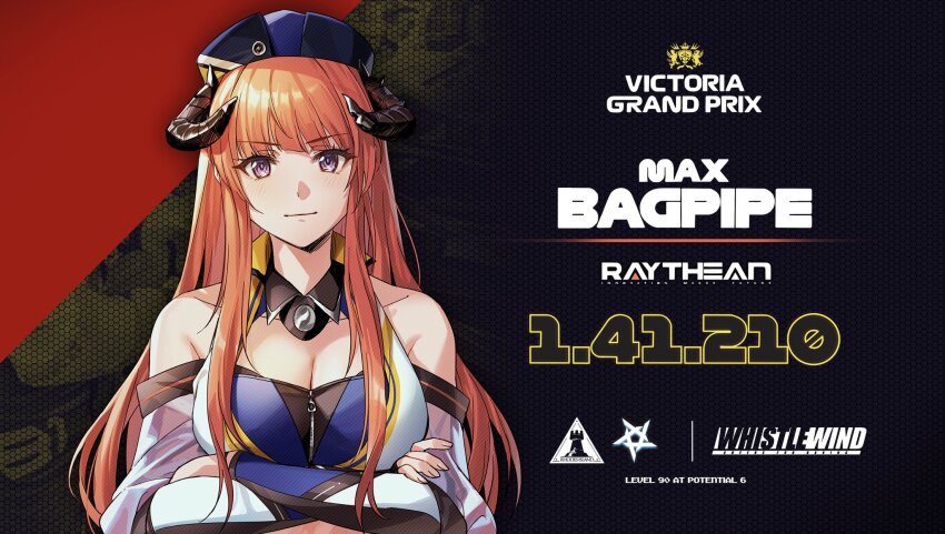 1girl arknights arms_under_breasts bagpipe_(arknights) bagpipe_(queen_no._1)_(arknights) bare_shoulders blue_hat breasts character_name cleavage closed_mouth commentary_request crop_top crossed_arms dragon_girl dragon_horns english_text formula_one hat highres horns large_breasts long_hair looking_at_viewer max_verstappen official_alternate_costume orange_hair oxy_(ho2) parody purple_eyes race_queen rhodes_island_logo_(arknights) solo upper_body