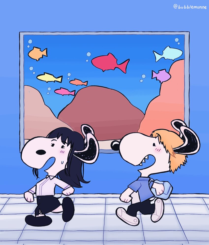 1boy 1girl aquarium black_hair black_pants black_skirt blue_shirt bubblemunne chainsaw_man charles_schulz_(style) cosplay denji_(chainsaw_man) denji_(chainsaw_man)_(cosplay) fish highres mitaka_asa mitaka_asa_(cosplay) open_mouth pants peanuts_(comic) sharp_teeth shirt skirt snoopy teeth twitter_username white_shirt
