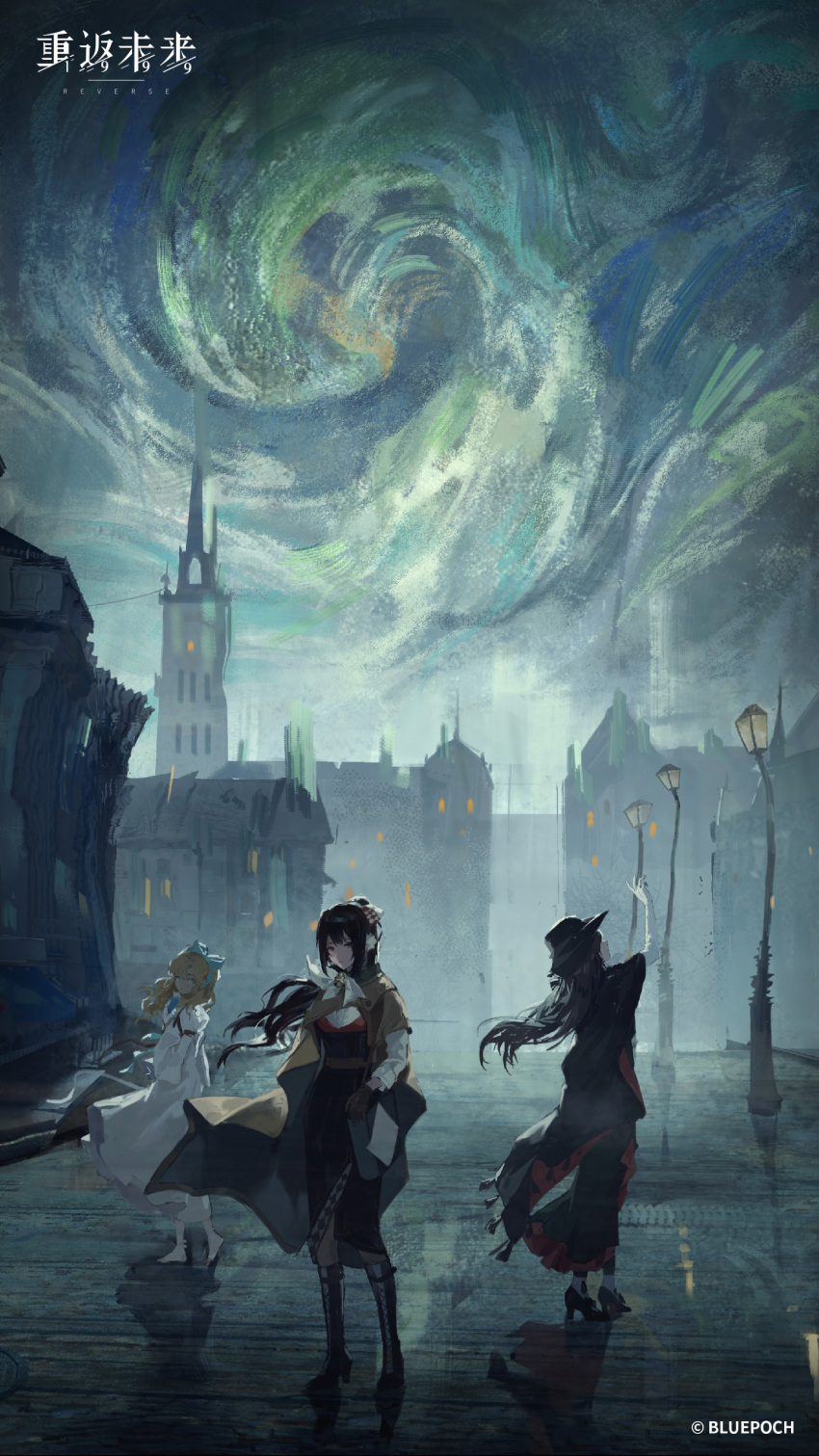 3girls absurdres arm_up black_cape black_hair black_hat black_skirt blonde_hair blue_bow blue_sky bow brick_road brown_cape building cape city city_lights copyright_name copyright_notice dress dual_persona elbow_gloves european_architecture gloves hair_bow hand_up hat highres impasto lamppost logo long_dress long_hair long_skirt looking_at_viewer lorelei_(reverse:1999) multiple_girls night night_sky official_art official_wallpaper outdoors reverse:1999 road scenery semmelweis_(reverse:1999) skirt sky starry_night_(van_gogh) street swirling towel white_dress white_gloves wide_shot