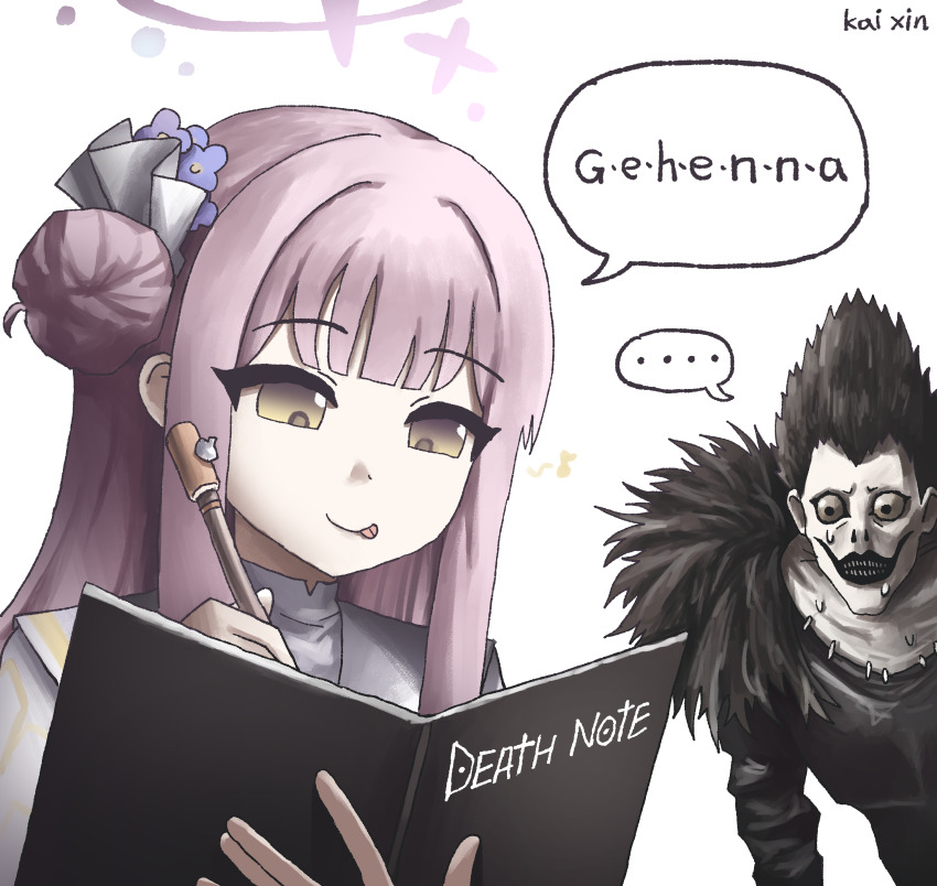 ... 1girl :p absurdres artist_name blue_archive book commentary crossover death_note death_note_(object) english_commentary hair_bun highres holding holding_book kai_xin meme mika_(blue_archive) open_book pink_hair ryuk simple_background single_side_bun smile spoken_ellipsis sweatdrop tongue tongue_out white_background writing yellow_eyes