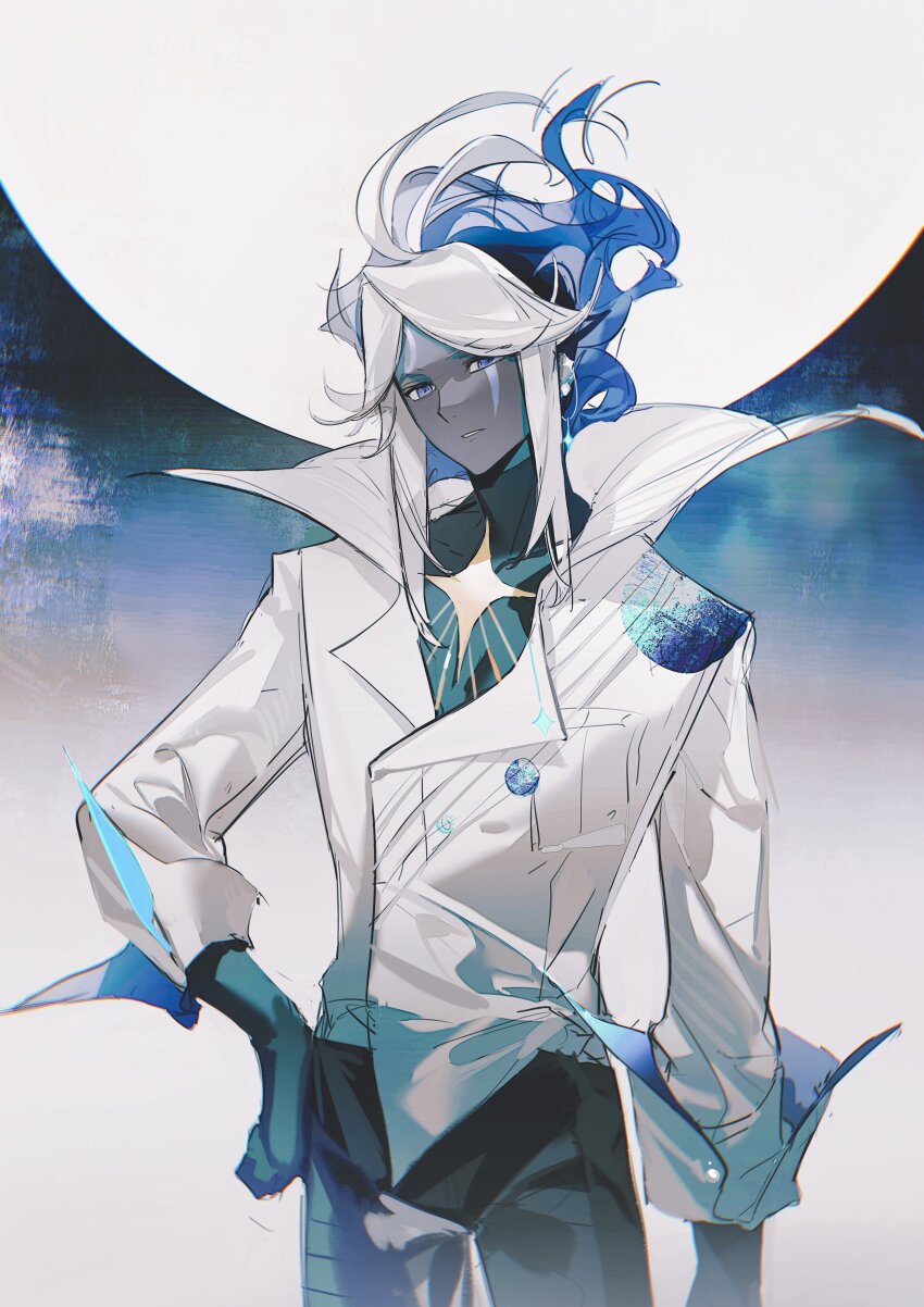 1boy absurdres black_gloves black_pants blue_eyes blue_hair brooch cloud coat colored_skin cookie_run cookie_run:_kingdom dark-skinned_male dark_skin earrings full_moon gloves grey_skin highres jewelry long_sleeves looking_at_viewer male_focus medium_hair moon multicolored_hair pants senlly_2507 sky solo star_brooch stardust_cookie wavy_hair white_coat white_hair