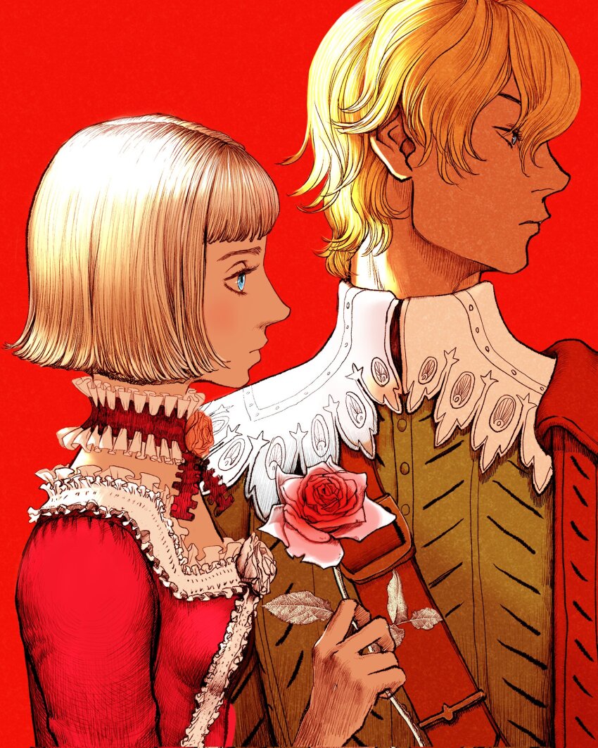 1boy 1girl berserk blonde_hair blue_eyes bob_cut brother_and_sister corrupted_twitter_file dress farnese_(berserk) flower highres nisino2222 profile red_dress red_flower red_rose rose serpico_(berserk) short_hair siblings