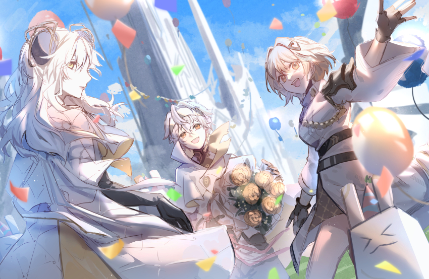 1boy 2girls absurdres alchemy_stars allenerie balloon black_gloves blonde_hair bouquet brown_eyes brown_hair carleen_(alchemy_stars) chubb_(alchemy_stars) confetti dress elbow_gloves feet_out_of_frame flower from_behind gloves hair_ornament hairband high_collar highres holding holding_bouquet jacket lipstick looking_ahead looking_at_viewer looking_back makeup marble_(stone) military_uniform multiple_girls navigator_(alchemy_stars) partially_fingerless_gloves single_shoulder_pad smile teeth upper_teeth_only vice_(alchemy_stars) white_dress white_hair white_jacket yellow_eyes
