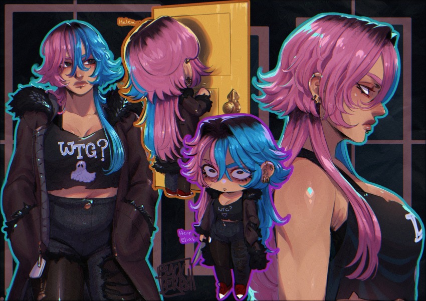 1girl black_pantyhose blackberreh-art blue_hair breasts cleavage coat dark-skinned_female dark_skin design_speculation door earrings eyelashes face_piercing goth_fashion highres jewelry labret_piercing large_breasts lips long_hair medium_breasts melanie_king multicolored_hair pants pantyhose piercing pink_hair plump roots_(hair) split-color_hair the_magnus_archives thick_lips