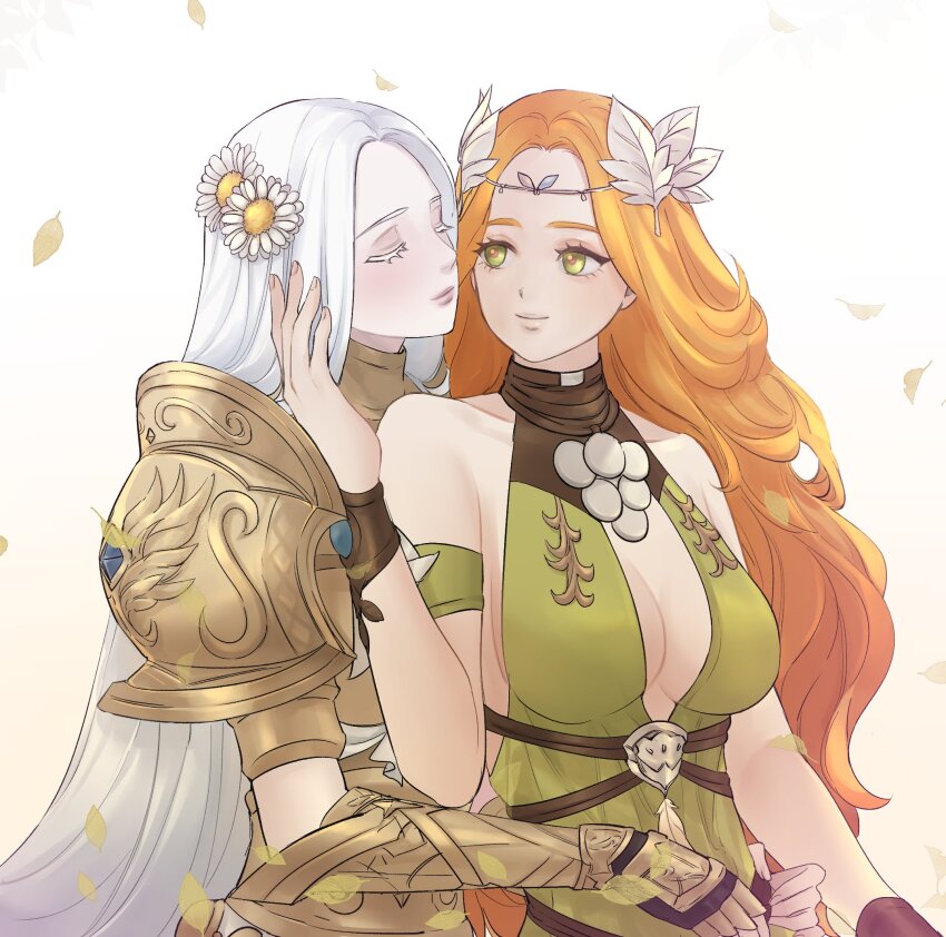 2girls armor arms_around_waist astraea_010 bare_shoulders bracelet breasts circlet cleavage cleavage_cutout closed_eyes clothing_cutout collarbone colored_eyelashes commentary_request detached_sleeves dress falling_leaves final_fantasy final_fantasy_xiv flower gauntlets green_dress green_eyes hair_flower hair_ornament halone hand_on_another&#039;s_head highres jewelry korean_commentary leaf leaf_hair_ornament long_hair looking_at_another multiple_girls no_headwear nophica orange_hair pauldrons shoulder_armor simple_background sleeveless sleeveless_dress smile straight_hair upper_body white_background white_hair yuri