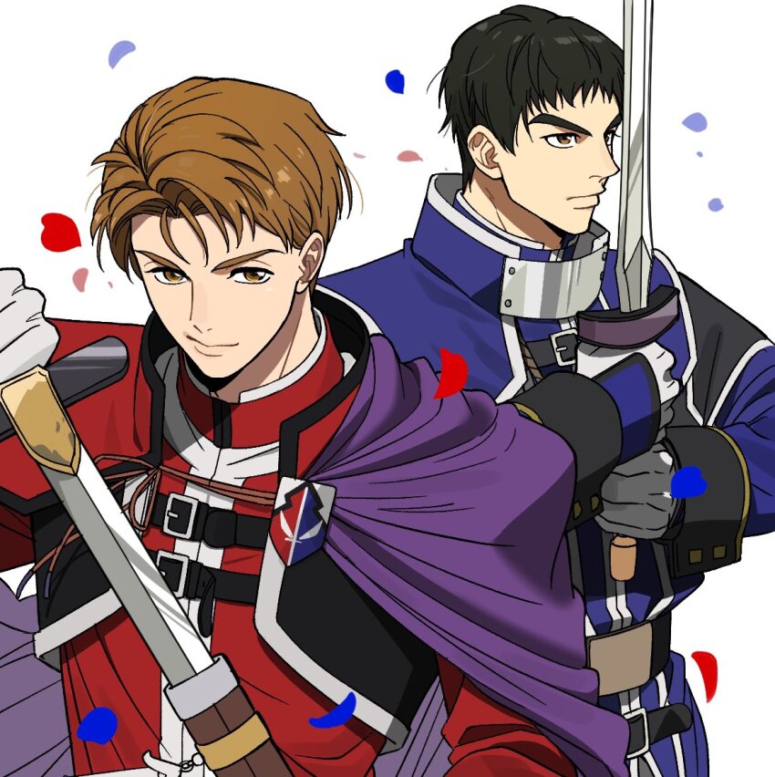 2boys black_hair blue_coat blue_petals brown_eyes brown_hair camus_(suikoden) cloak closed_mouth coat falling_petals gensou_suikoden gensou_suikoden_ii gloves holding holding_sword holding_weapon jacket male_focus miklotov_(suikoden) multiple_boys nocchan_chicchi petals purple_cloak red_coat red_jacket red_petals short_hair smile sword weapon white_background white_gloves